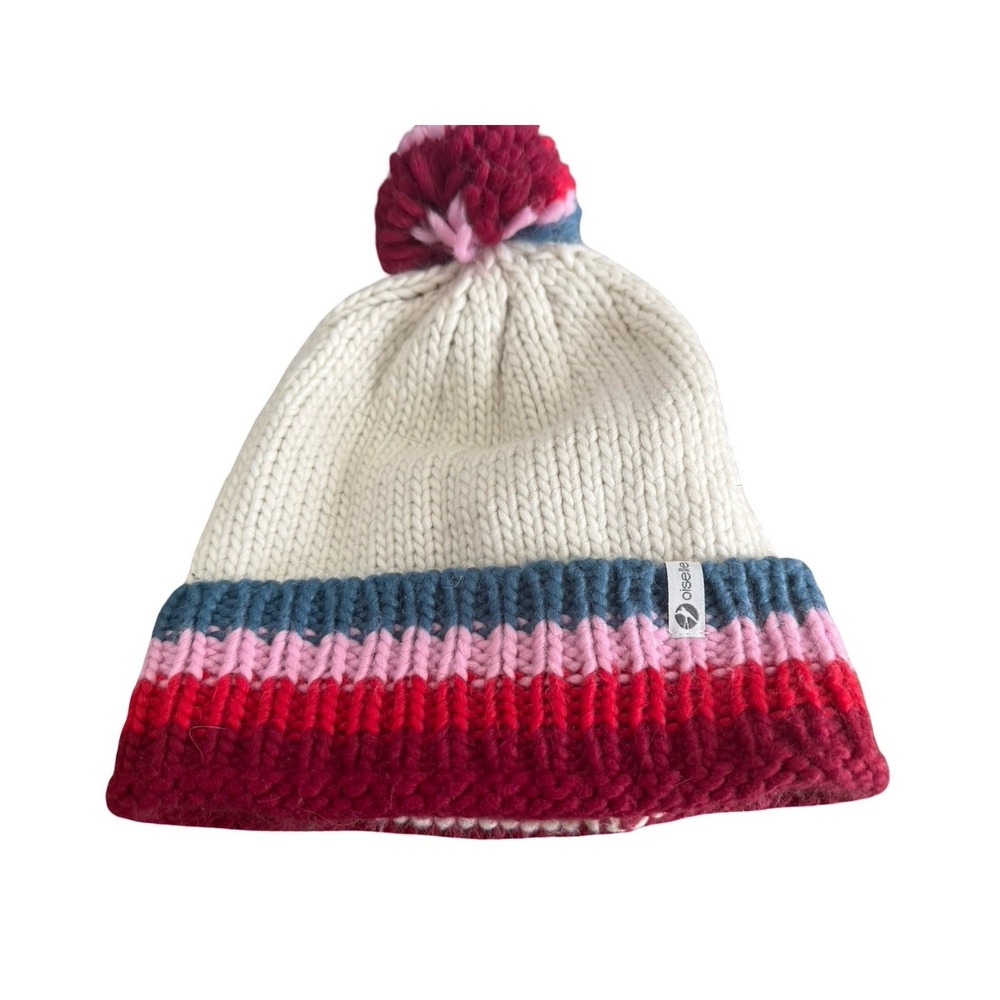 Oiselle Womens Chunky Knit Pom Beanie Cream Striped Blue Pink Red Acrylic Hat